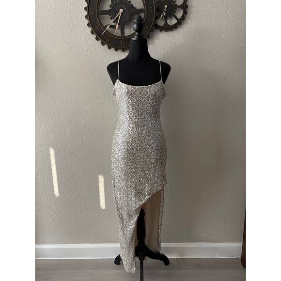 THIRTY/THIRTY LA Formal Dress Nude with Silver Sequins SzL High Low Sexy Evening - Picture 1 of 10